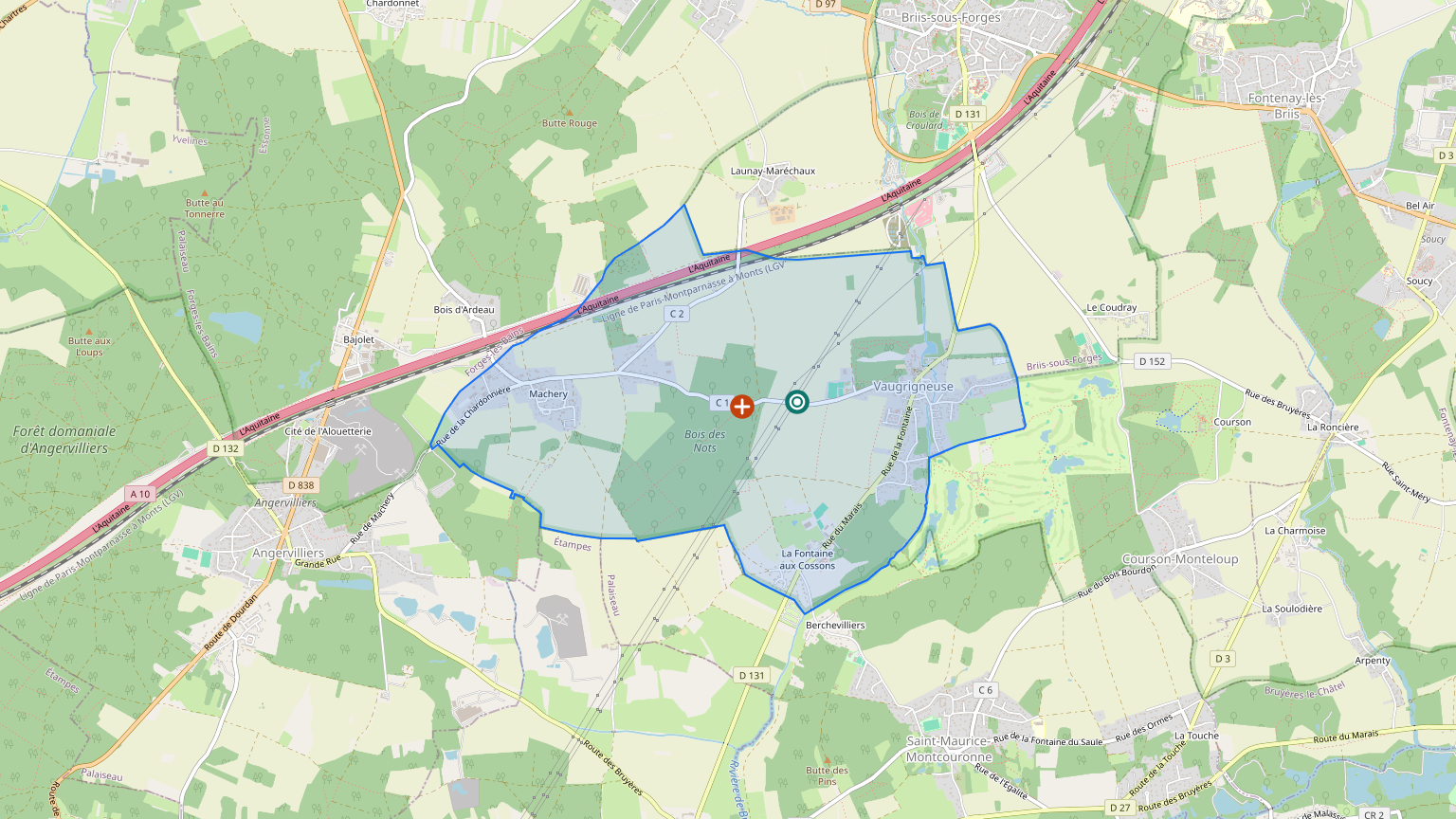 Carte de la commune : contour, centroïde et centre visuel